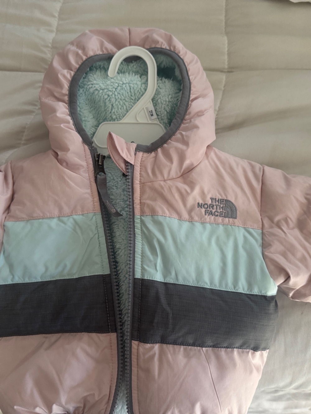 The North Face Pink, Light Blue & Gray Hooded Puffer Jacket — Kids